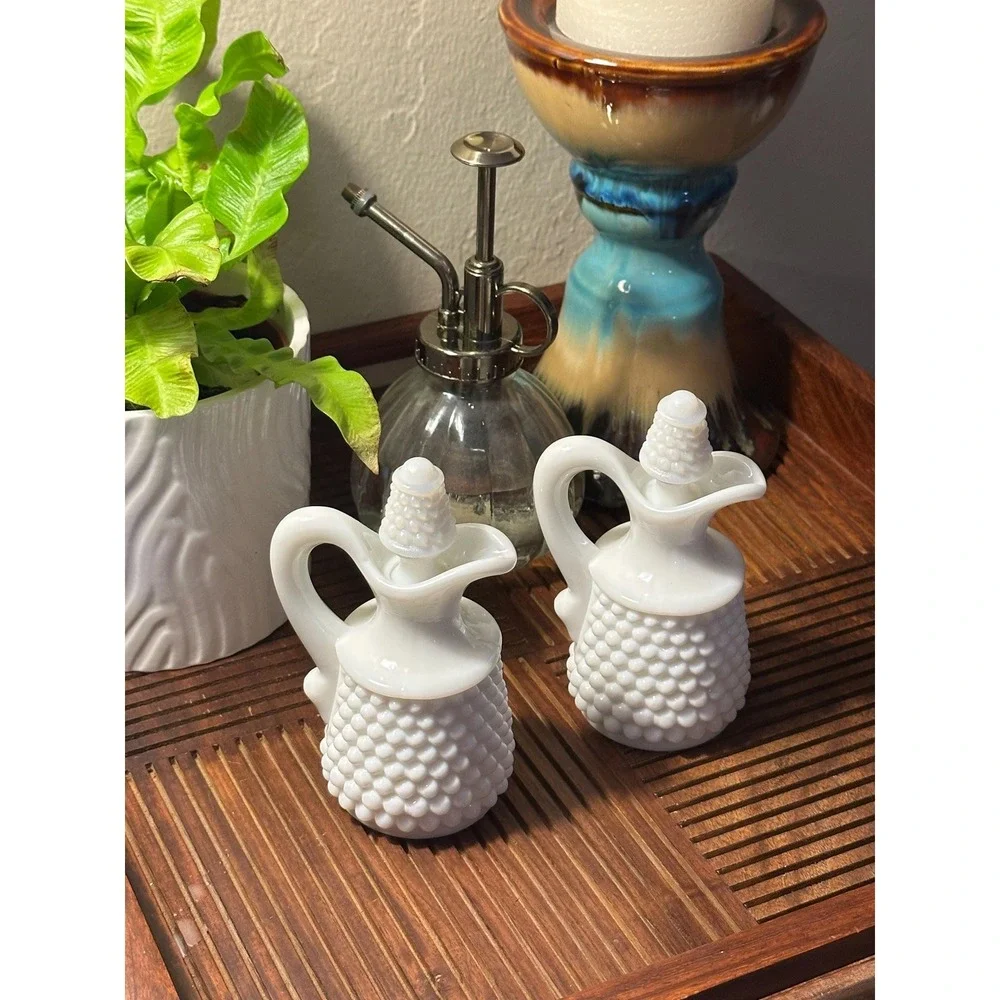 Vintage Fenton Milk Glass Hobnail Cruet Set-Oil Vinegar Bottles with Stoppers